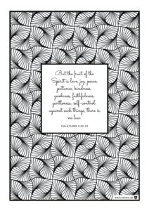 Coloring page for adults Bible verse Galatians the fruit of the Spirit is love, joy, peace, patience, kindness, goodness, faithfulness, gentleness, self-control