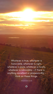Philippians 4:8 sunset over hills and meadow in England wallpaper