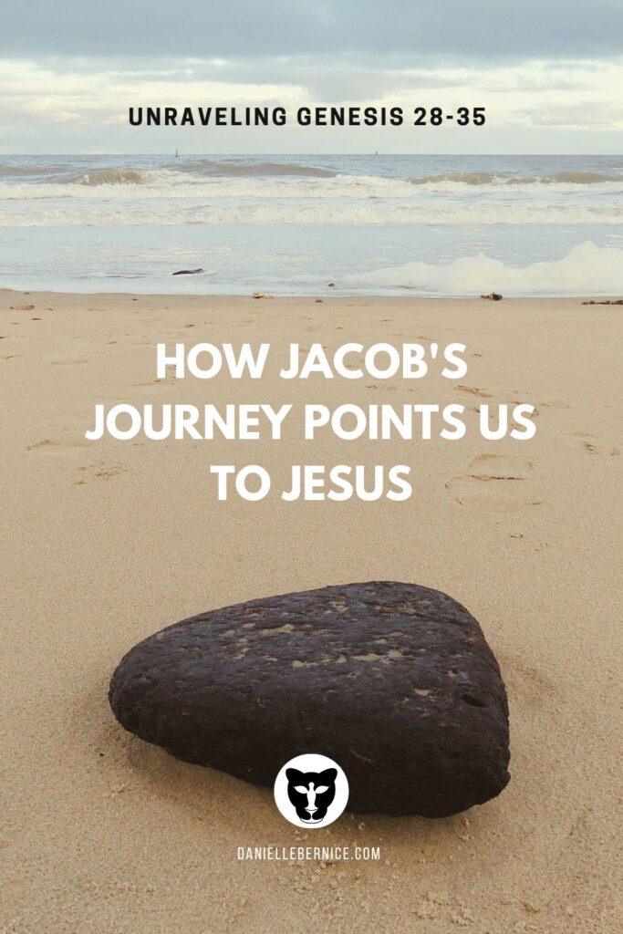 A photo of a rock in the sand on a stormy beach. How Jacob's journey points us to Jesus - unraveling Genesis 28-35
