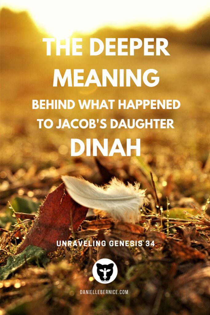 Photo of a white feather that has fallen onto grass that is littered with brown fallen leaves and dew drops. The whole scene is engulfed by the yellow light of the rising sun. The text reads: The deeper meaning behind what happened to Jacob's daughter Dinah, unraveling Genesis 34, DanielleBernice.com