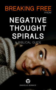 Book cover of "Breaking Free from Negative Thought Spirals - A Biblical Guide" displaying a closeup of a woman thinking and smiling, looking upward.