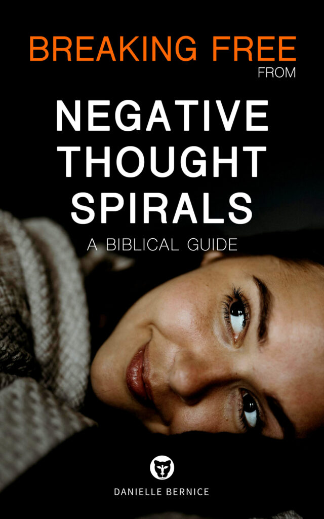 Book cover of "Breaking Free from Negative Thought Spirals - A Biblical Guide" displaying a closeup of a woman thinking and smiling, looking upward.